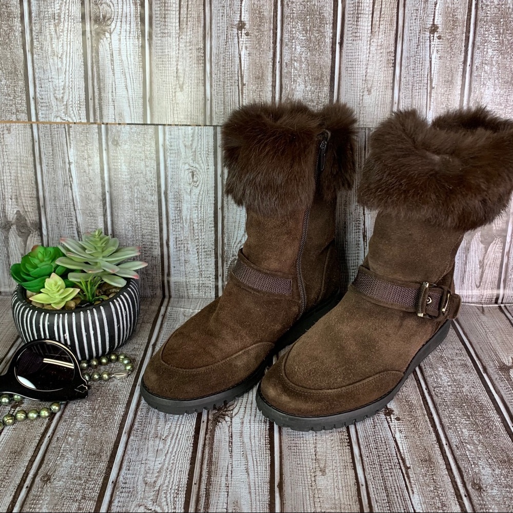 STUART WEITZMAN Luxury Warm Winter Fur Cuffed Chocolate Suede Flat Boots, 7 - Picture 4 of 16